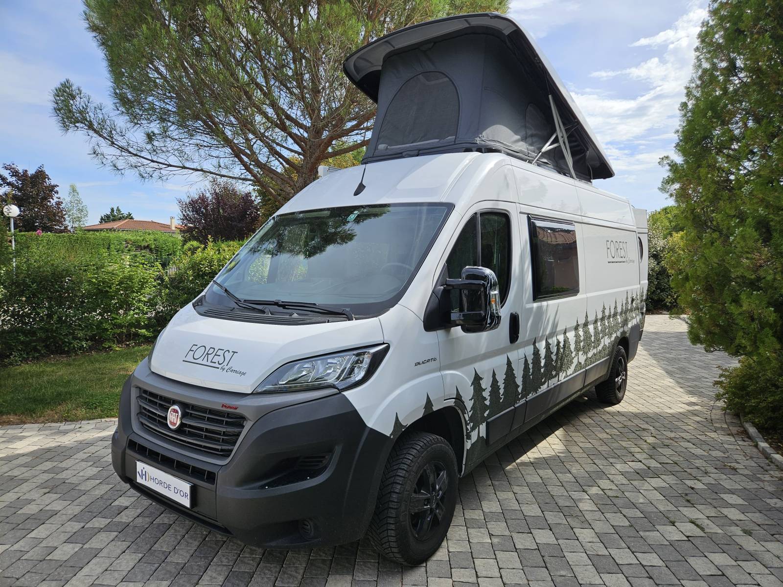 Vente d'un superbe fourgon haut de gamme Carriage Sequoia Forest bien optionné avec un lit transversal et un toit relevable visible à Chaponost(69) dans le Rhône.