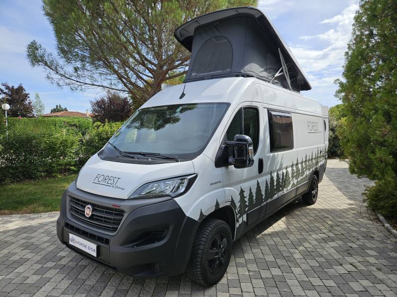 Vente d'un superbe fourgon haut de gamme Carriage Sequoia Forest bien optionné avec un lit transversal et un toit relevable visible à Chaponost(69) dans le Rhône.